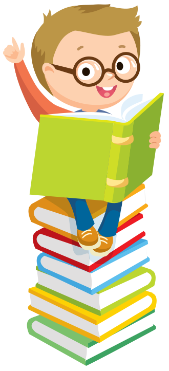 Boy sitting on stack of books